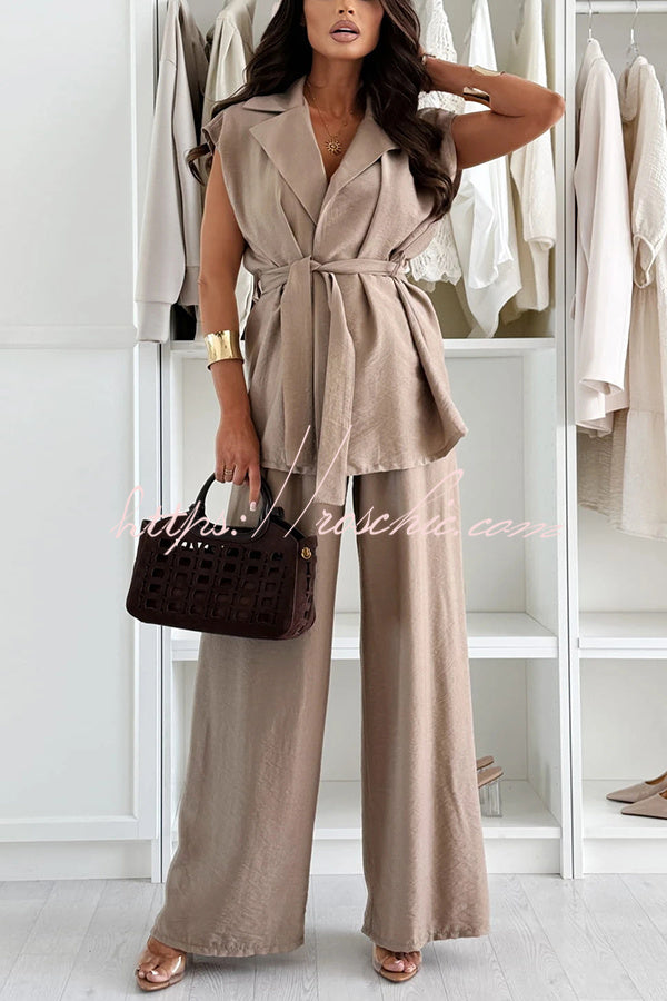 Linen Blend Sleeveless Wide Leg Pants Set with Lapel Top