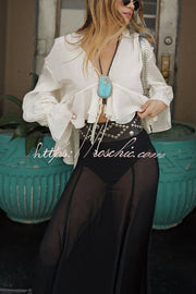 Chiffon Balloon Sleeve Tie-Up V-Neck Blouse | Boho Loose Fit