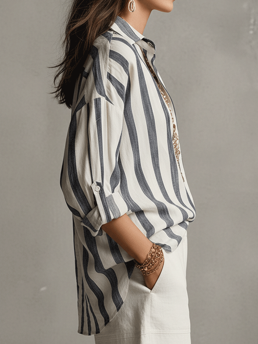 Striped Cotton Linen Long Sleeve Blouse