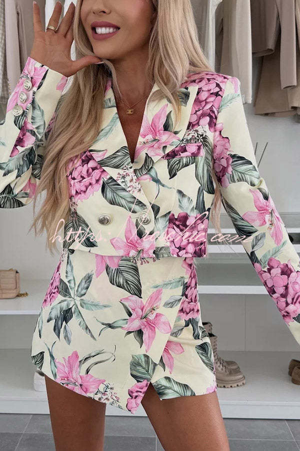 Floral Print Crop Blazer with Lapel & Long Sleeves
