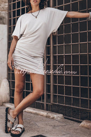 Cotton Blend Bell Sleeve Ruched Mini Dress