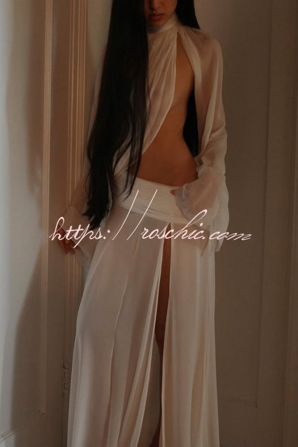 See-Through High-Neck Long-Sleeve Top & Maxi Skirt Set
