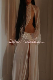 See-Through High-Neck Long-Sleeve Top & Maxi Skirt Set