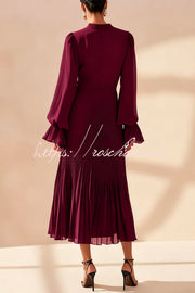 Ruffle Midi Dress Long Sleeve Round Neck Fitted Waist