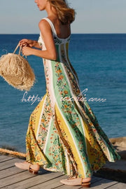 Linen Blend Color Block Floral Maxi Dress – Sweetheart Neck