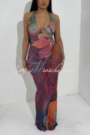 Colorful Printed Halter Neck Sleeveless Slim-Fit Maxi Dress