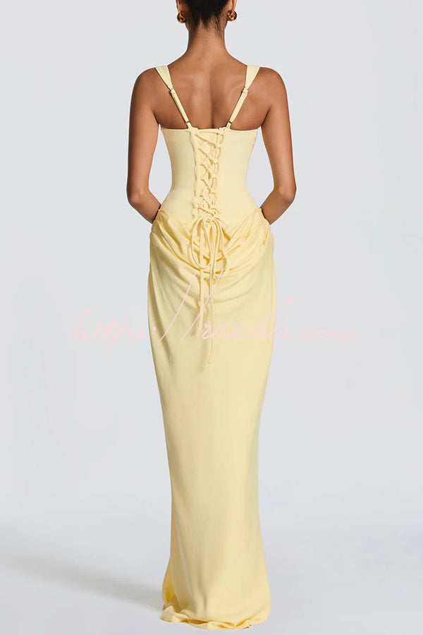 Square Neck Satin Drape Maxi Dress for Evening Occasions