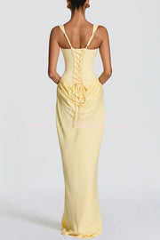Square Neck Satin Drape Maxi Dress for Evening Occasions
