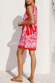 Printed Sleeveless Mini Dress with Pockets – Loose Fit