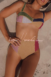 Glitter Color Block High Waist Bikini Swimsuit