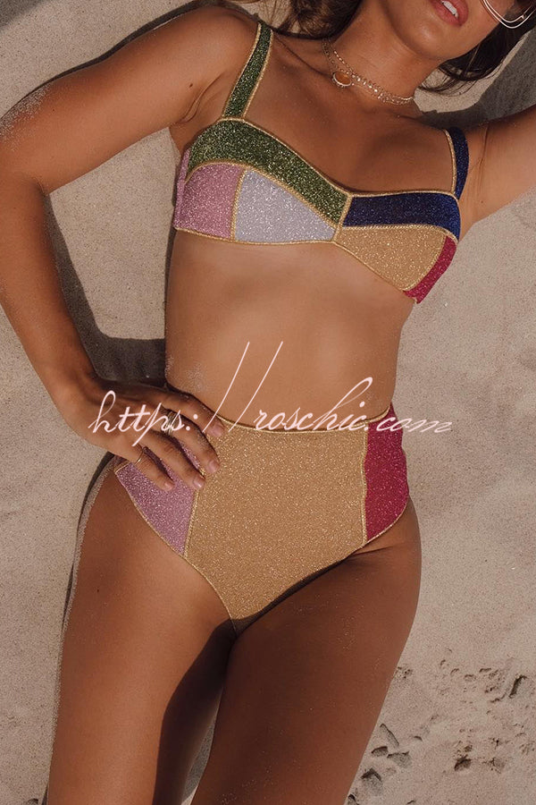 Glitter Color Block High Waist Bikini Swimsuit