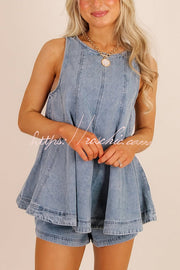 Ensemble haut et short en jean sans manches à ourlet évasé