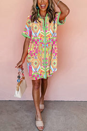 Printed Lapel Mini Dress – Loose Fit Short Sleeve