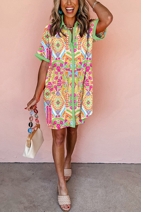 Printed Lapel Mini Dress – Loose Fit Short Sleeve