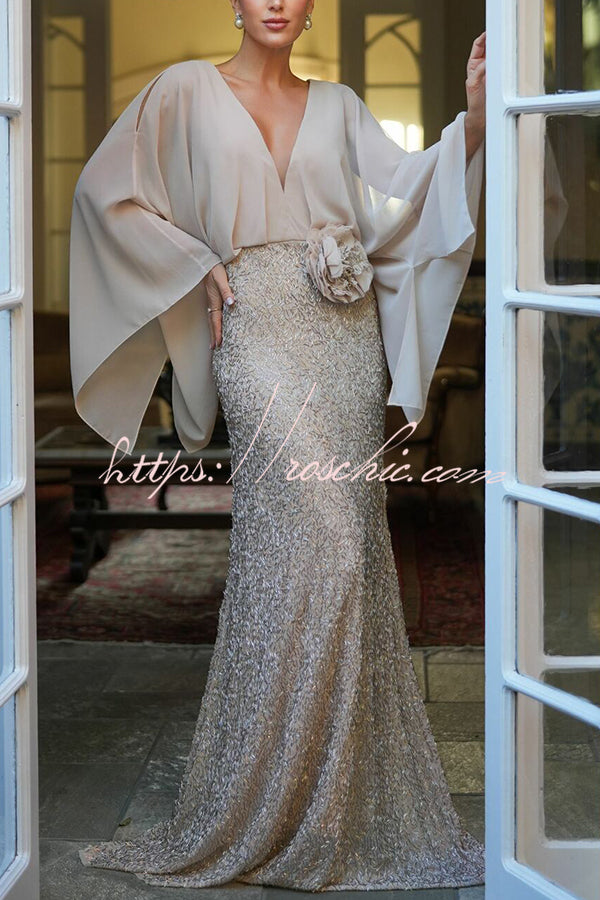Chiffon Batwing Sleeve Floral Embroidered Sequin Maxi Dress