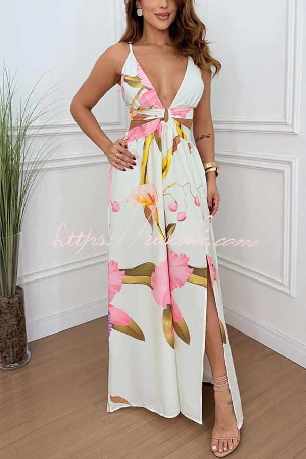 Floral Print Cutout Waist Open Back Lace-Up Slit Maxi Dress