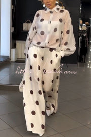 Polka Dot Sheer Balloon Sleeve Shirt & Wide Leg Pants Set