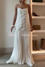 Floral Applique Pleated Chiffon Maxi Slip Dress