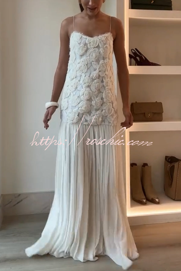 Floral Applique Pleated Chiffon Maxi Slip Dress