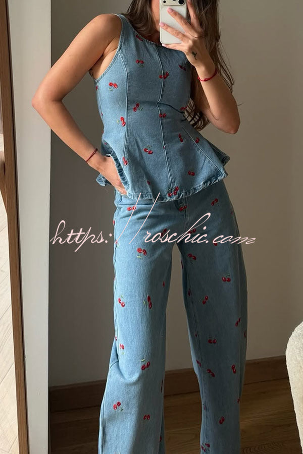 Denim Cherry Print Flare Vest Top | Sleeveless Casual