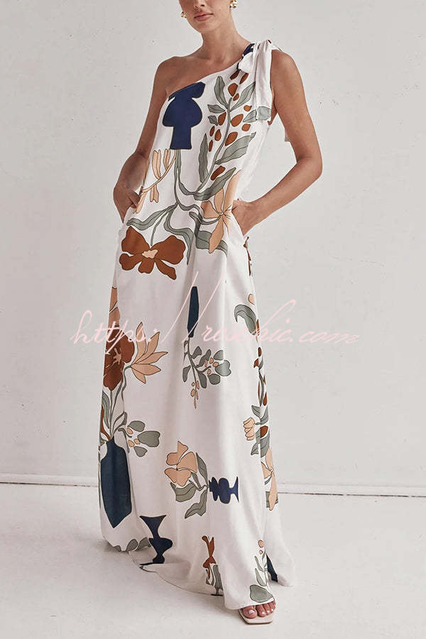One Shoulder Printed Loose Maxi Dress with Pockets