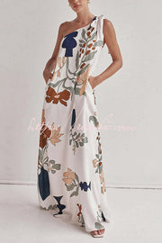 One Shoulder Printed Loose Maxi Dress with Pockets