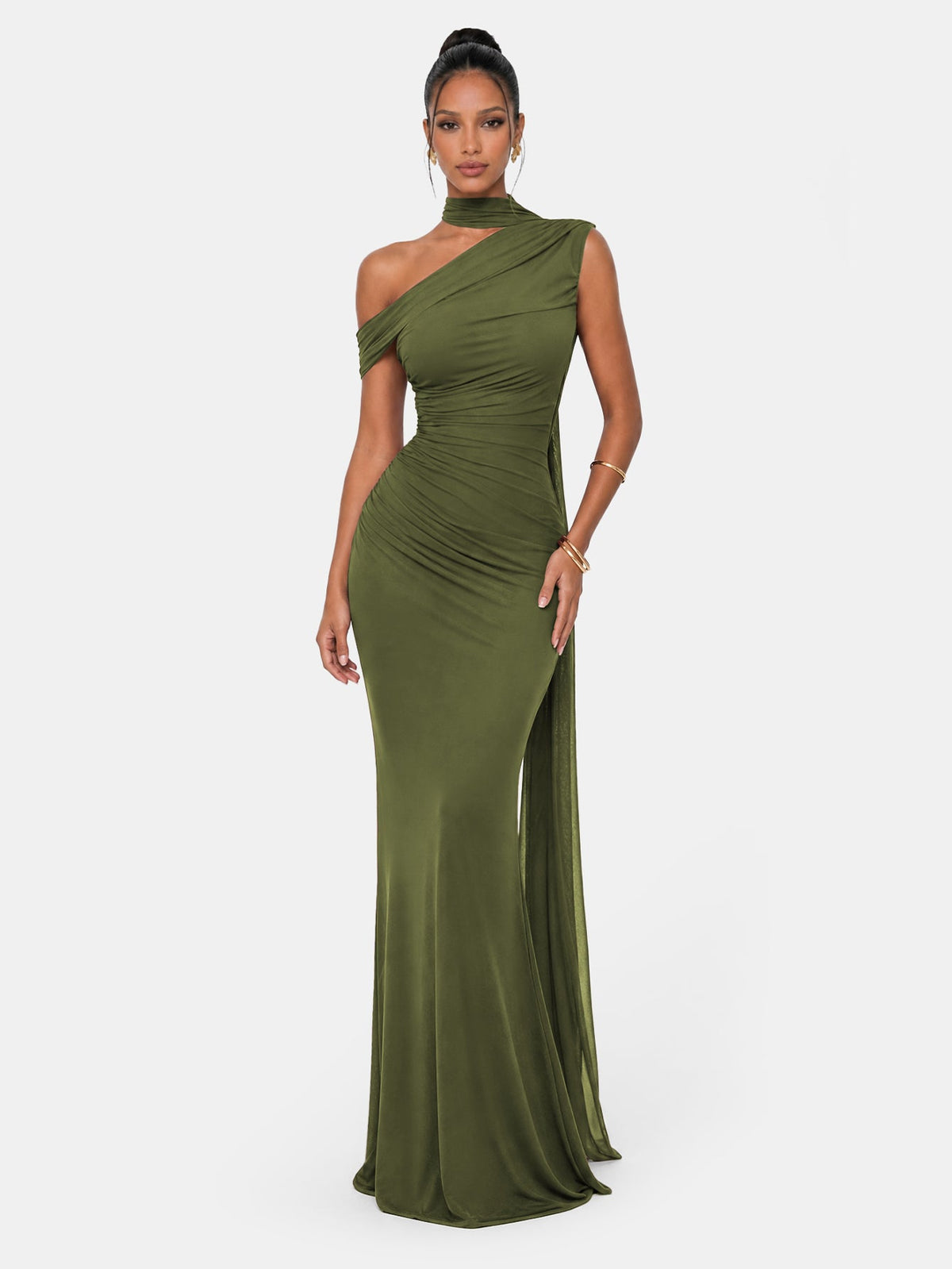 One Shoulder Formal Evening Gown with Built-In Bra, Ruched Mesh