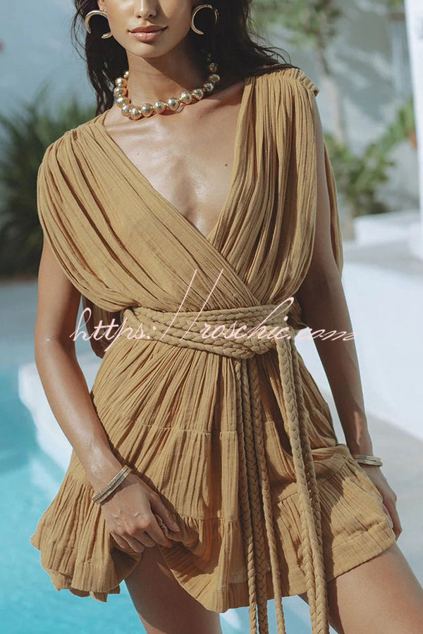 Linen Blend Draped Mini Dress with Braided Belt Detail