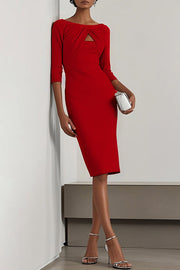 Women's Solid Midi Dress – Slim Fit Round Neck Office Wear