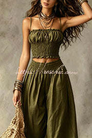 Olive Pleated Crop Top & Wide-Leg Pants Set