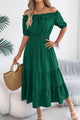 Plisseret midikjole off-shoulder – afslappet feriestil