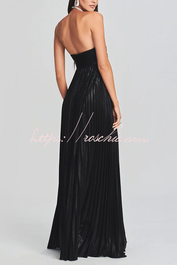 Metallic Pleated Off-Shoulder High Slit Maxi Dress