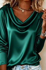 Chemise drapée à manches longues en satin – Haut décontracté coupe ample
