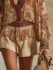 Chiffon Bohemian Two-Piece Shirt and Shorts Set in Beige