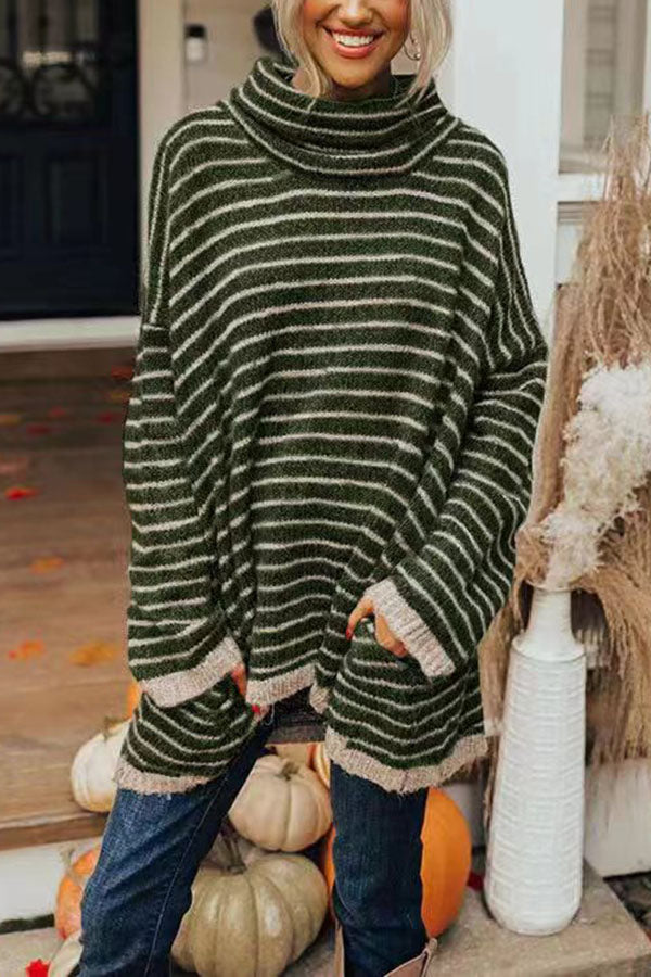Striped Tunic Sweater with Pockets – Loose High Neck