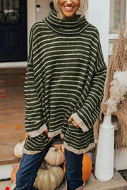 Striped Tunic Sweater with Pockets – Loose High Neck