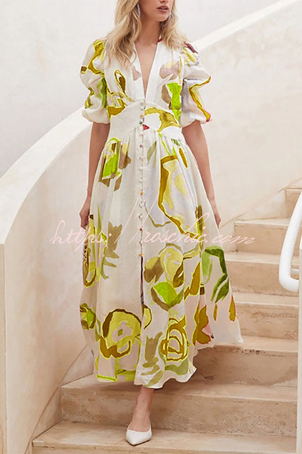 Watercolor Floral Puff Sleeve Button Maxi Dress