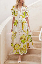 Watercolor Floral Puff Sleeve Button Maxi Dress