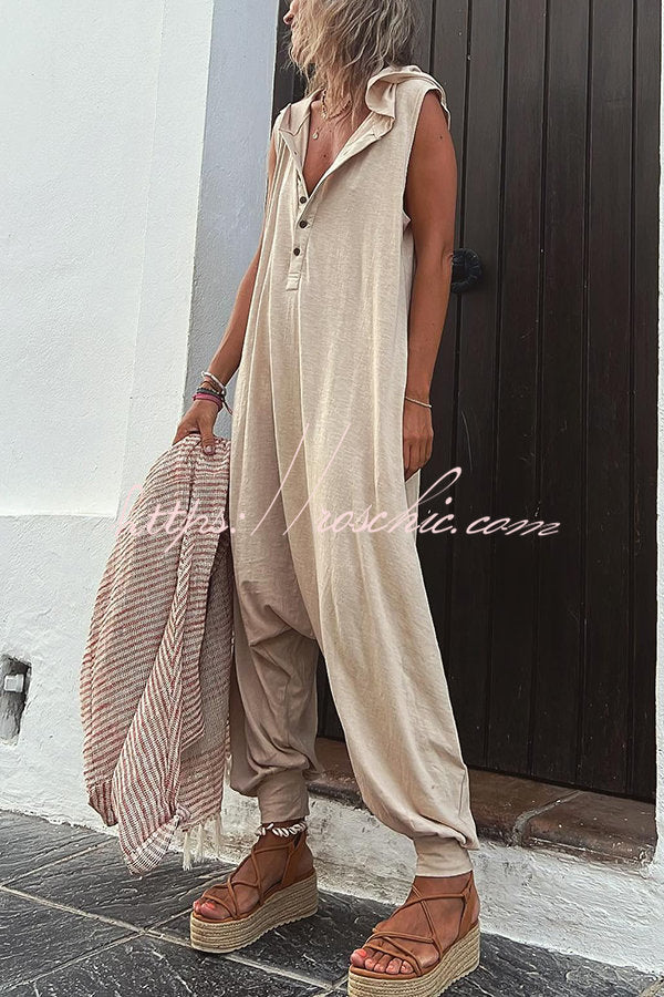 Sleeveless Hooded Cotton Blend Jumpsuit with Pockets