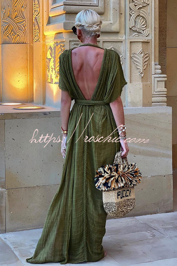 Linen Blend Draped Kimono Maxi Dress with Braided Tie