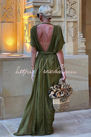 Linen Blend Draped Kimono Maxi Dress with Braided Tie