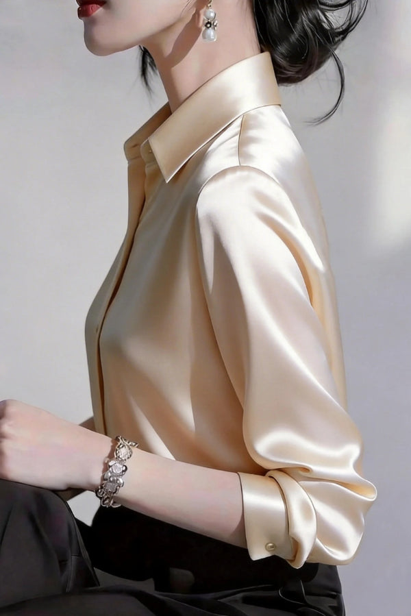 Satin Button-Down Shirt | Long Sleeve Collared Office Top