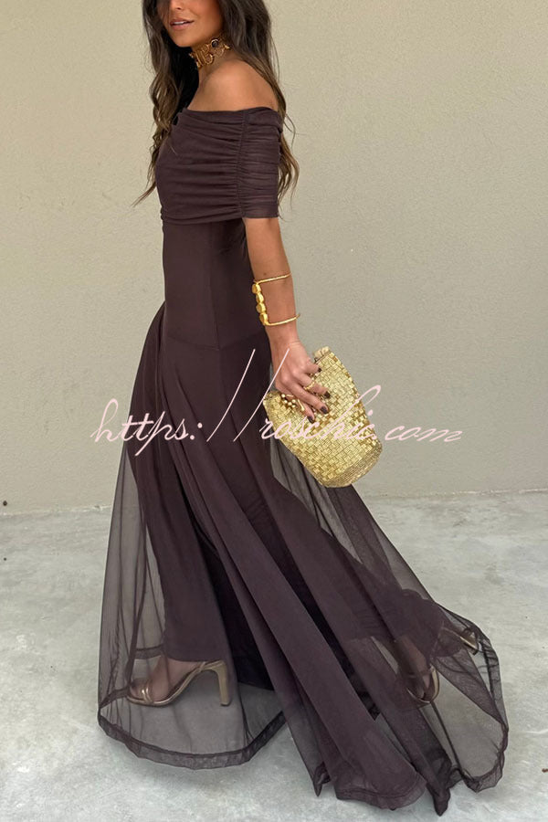 Mesh Ruched Strapless Flare Maxi Dress for Vacation & Party