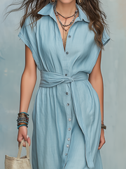 Powder Blue Belted Shirt Maxi Dress | Short Sleeve