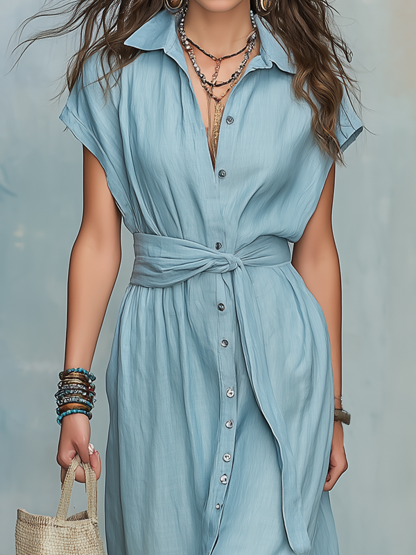Robe longue chemise ceinturée bleu poudré | Manches courtes