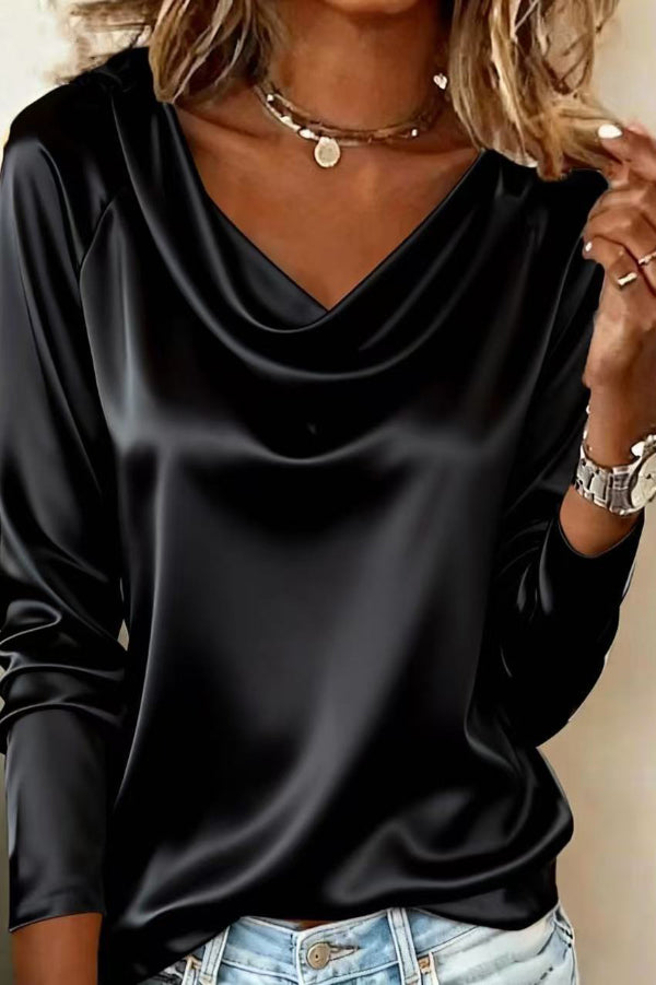 Satin Long Sleeve Draped Shirt – Casual Loose Fit Top