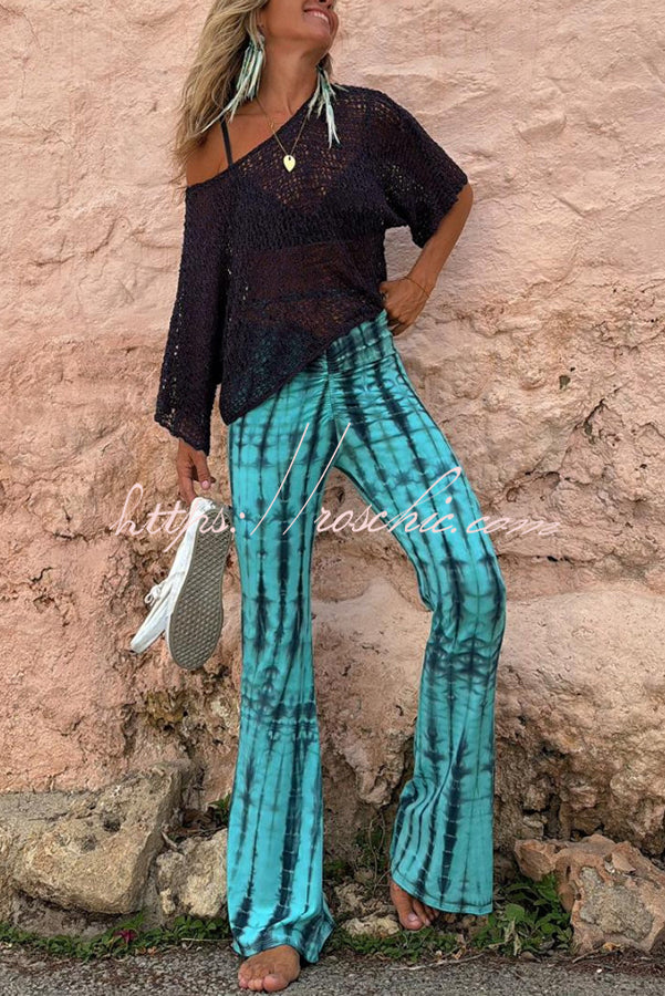 Tie Dye Ruched Lace-Up Waist Stretch Flare Pants
