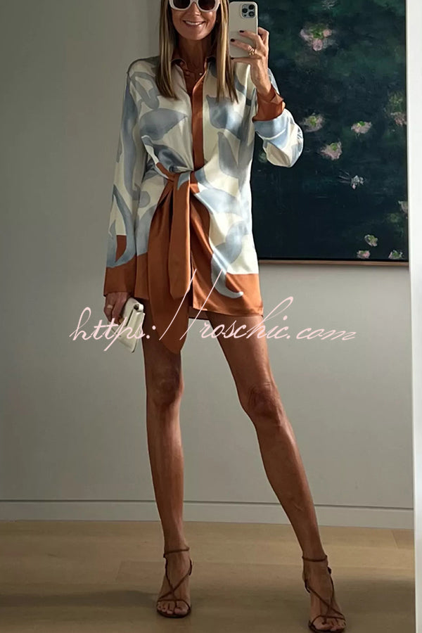 Satin Colorblock Tie-Up Shirt Mini Dress | Long Sleeve