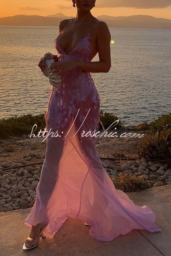 Robe longue dos nu brodée de sequins avec ourlet en tulle