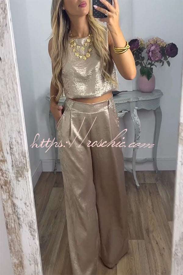 Metallic Fabric Crop Tank & Wide Leg Pants Set